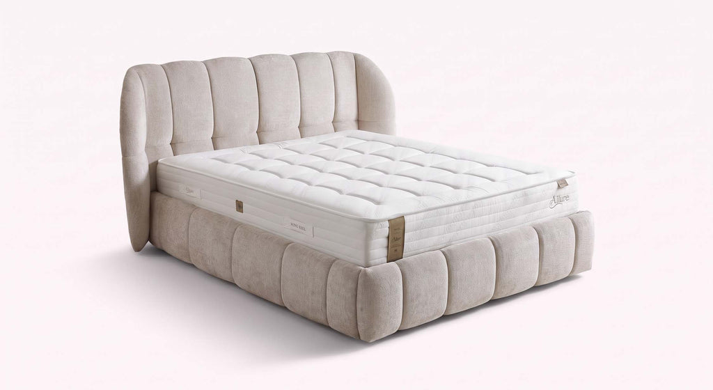 Storage bed with MAMA Genesis Cream headboard