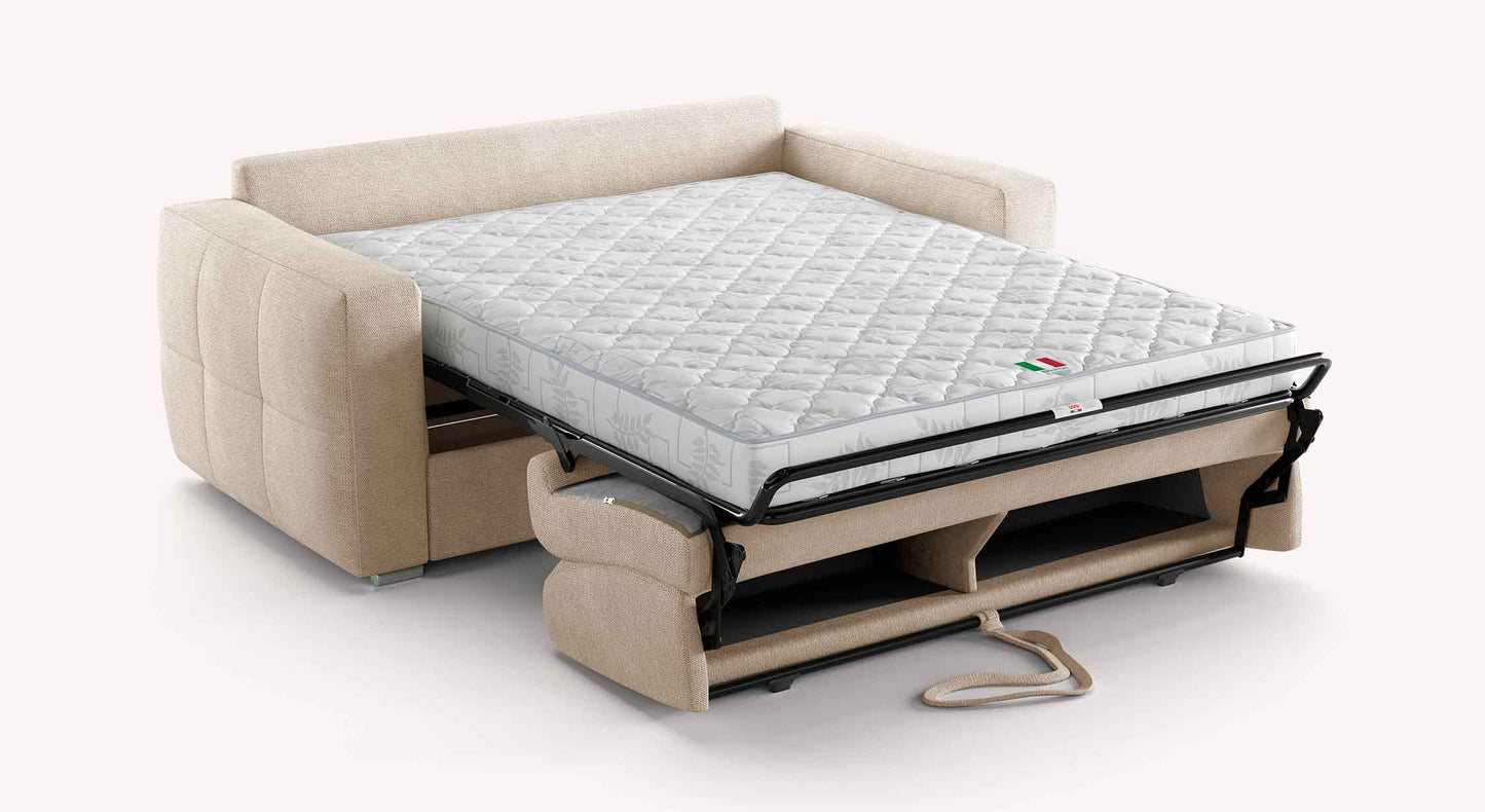 Canapé convertible SONY Aragon Ivoire avec matelas déplié, offrant un couchage confortable et un design moderne, idéal pour optimiser l'espace de vie.